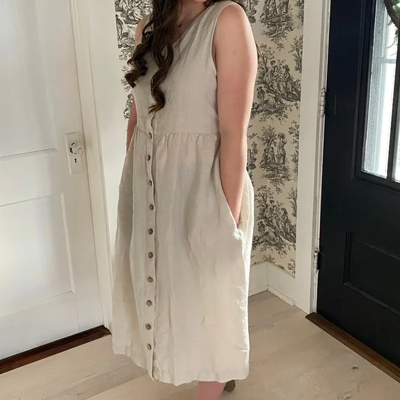 LinenbyMN Linen V Neck Button Midi Dress Light Beige Small - Picture 5 of 7